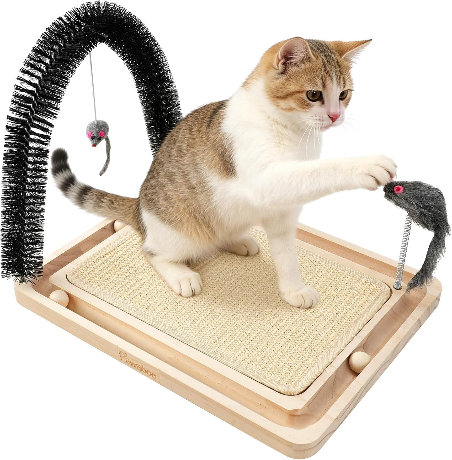 Pawaboo Sisal Cat Scratcher Toy, 16.93"×12.99"×12.20" Cat Scratcher Toy with Ball Track, Wooden Interactive Toys for Indoor Cats Scratch Pad, Cats Chasing Hunting Physical Exercise Toys