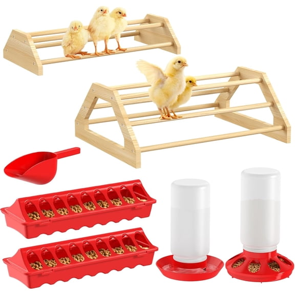Pawaboo 7-in-1 Chicken Brooder Box for Chick Starter Kit, Includes Chicks Perches, Chicken Feeders, Chick Waterers, Chickens Feeding Spoon, Baby Chicks Supplies (Brooder Set), Red + Wood Color