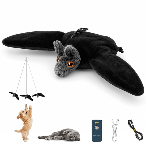 Pawbat Flying Bat Toy, Interactive Flying Bat Pet Toy, USB Rechargeable Automatic Flapping Plush for Pet, Catnip Pocket with Hanging Rope