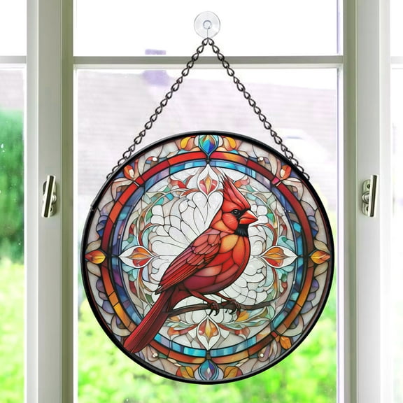 Pawberry Cardinal Window Hanging Stained Glass, Cardinal Suncatchers for Windows Stained Glass, Stained Glass Cardinal suncatcher