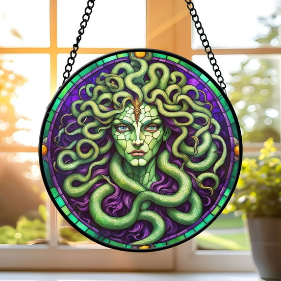 Pawberry Gorgon Window Hanging Stained Glass, Gorgon Suncatchers for Windows Stained Glass, Stained Glass Gorgon suncatcher