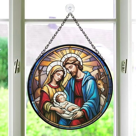 Pawberry Nativity Scene Window Hanging Stained Glass, Nativity Scene Suncatchers for Windows Stained Glass, Stained Glass Nativity Scene suncatcher