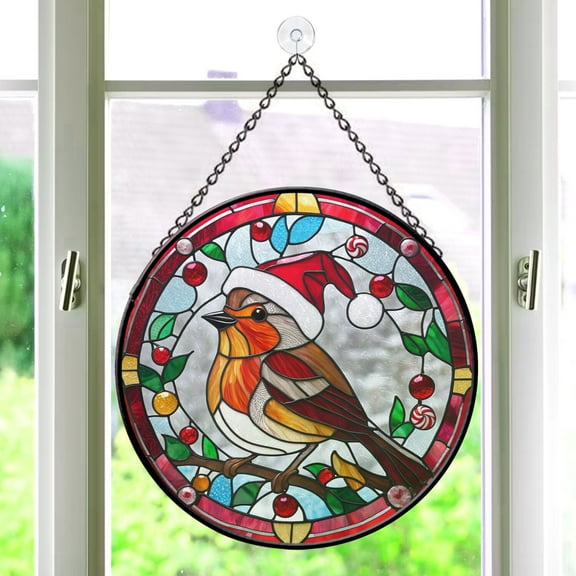 Pawberry Robin Bird Window Hanging Stained Glass, Robin Bird Suncatchers for Windows Stained Glass, Stained Glass Robin Bird suncatcher