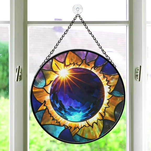 Pawberry Solar Eclipse Window Hanging Stained Glass, Solar Eclipse Suncatchers for Windows Stained Glass, Stained Glass Solar Eclipse suncatcher
