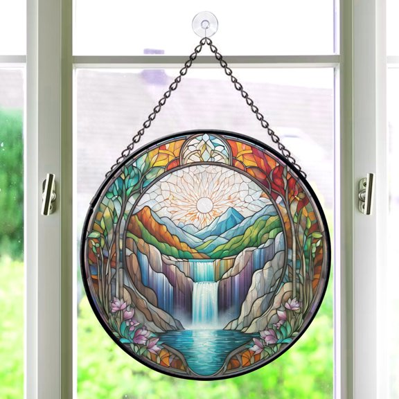 Pawberry Waterfall Window Hanging Stained Glass, Waterfall Suncatchers for Windows Stained Glass, Stained Glass Waterfall suncatcher