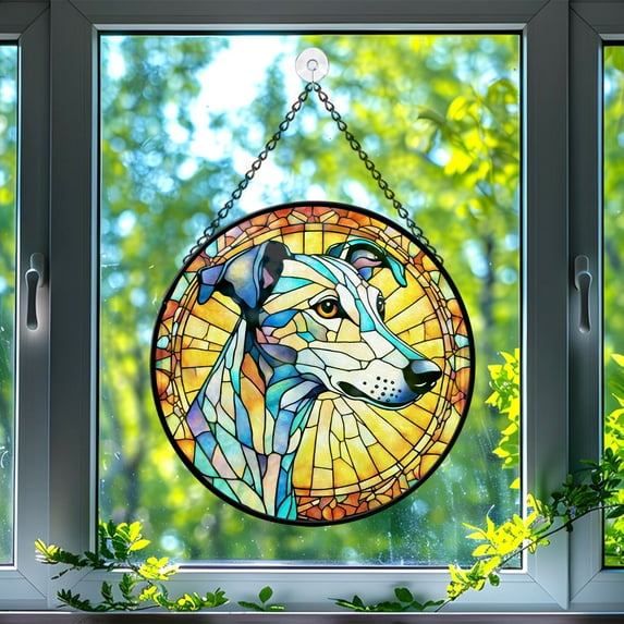 Pawberry Whippet Window Hanging Stained Glass, Whippet Dog Suncatchers for Windows Stained Glass, Stained Glass Whippet suncatcher