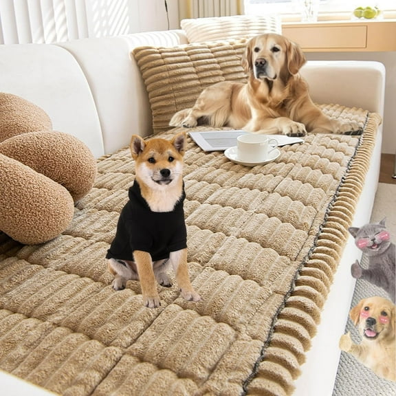 Pawcart Couch Cover, Ultra-Soft Quilted Sofa Protector, Non-Slip Washable Couch Covers for Pets, Ultra-Soft Fluffy Plush Sofa Protector for Home, Suitable for Dogs and Cats (Khaki, 28 × 28 in)