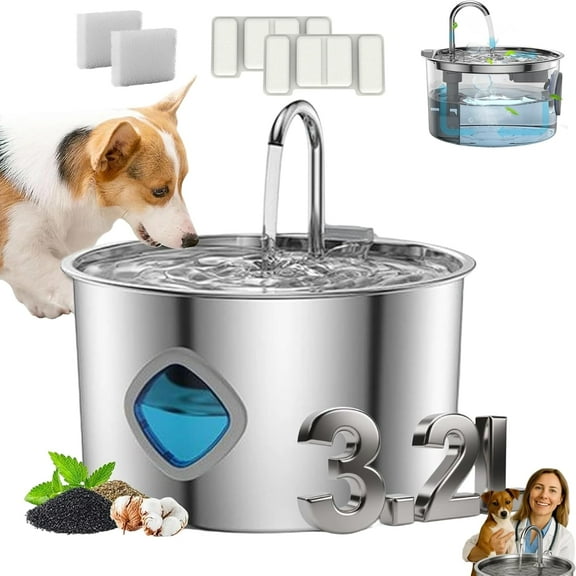 Pawdrate Dog Water Fountain, 3.2L/108OZ, 304 Stainless Steel Filtered Water Fountain with Super Quiet Automatic Circulation, Water Window & LED, for Dogs, Cats & Small Animals