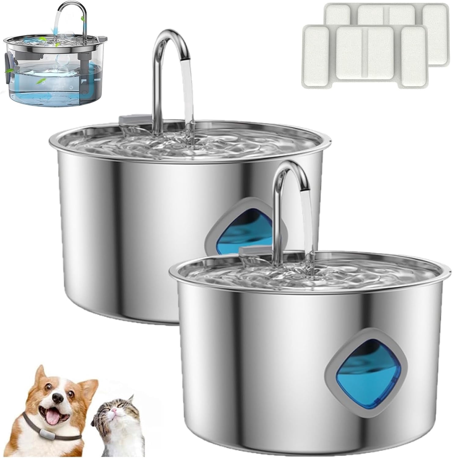 Dog water fountain (3.2L/108oz), triple filtration system, 304 stainless steel, visible water level, ultra-quiet automatic circulation, smart pet water filter.