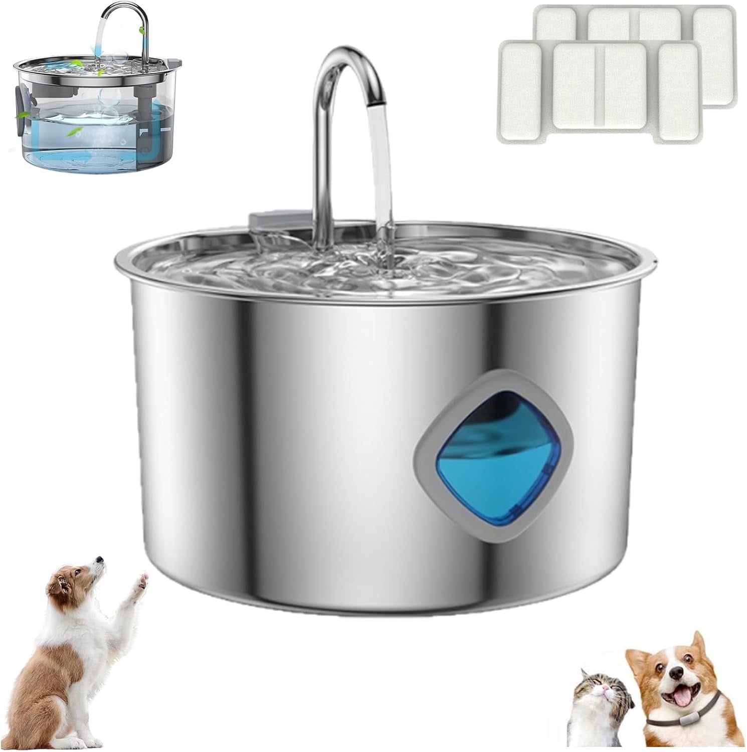 Dog water fountain (3.2L/108oz), triple filtration system, 304 stainless steel, visible water level, ultra-quiet automatic circulation, smart pet water filter.