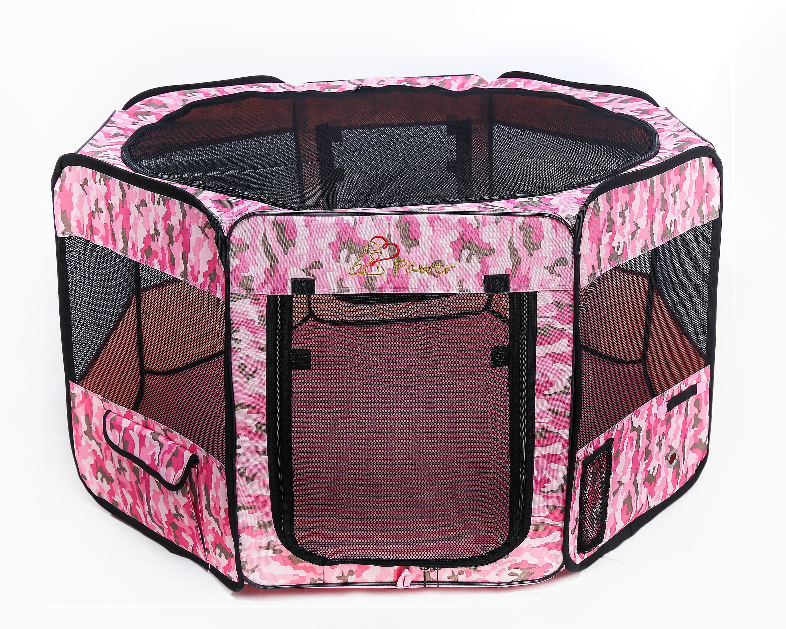 Pawer 36”×18.5” 8-Panel Foldable Pet Playpen, Pink Camouflage Pattern, Personalize Fabric Piece Available, for Cat/Dog/Puppy, 600D Oxford Cloth Portable Indoor & Outdoor Kennel with Carry Bag