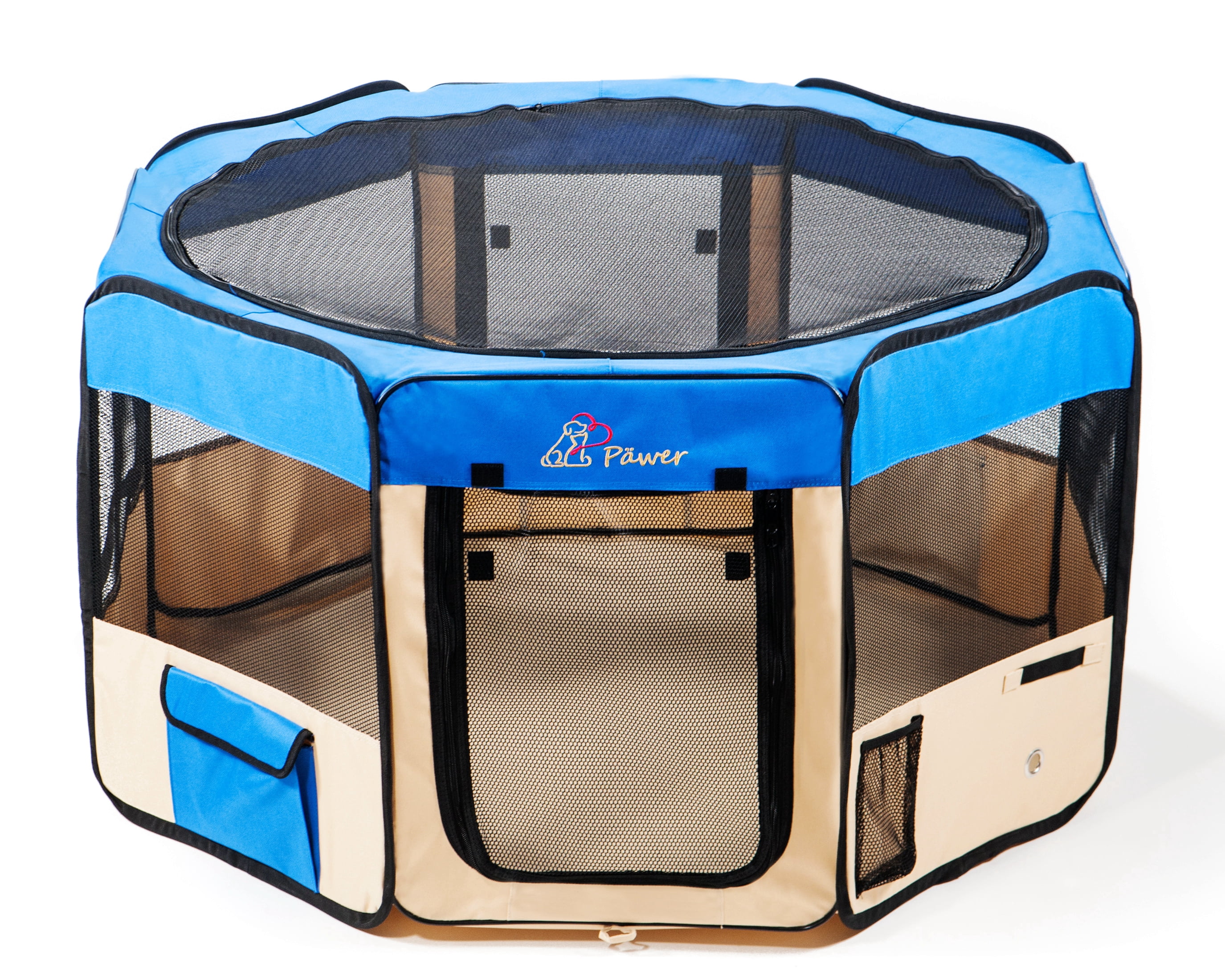 Pawer 45”×24” 8-Panel Foldable Pet Playpen, Blue+Beige, Personalize Embroidery Extra Fabric Piece Available, for Cat/Dog/Puppy, 600D Oxford Cloth Portable Indoor & Outdoor Kennel with Carry Bag