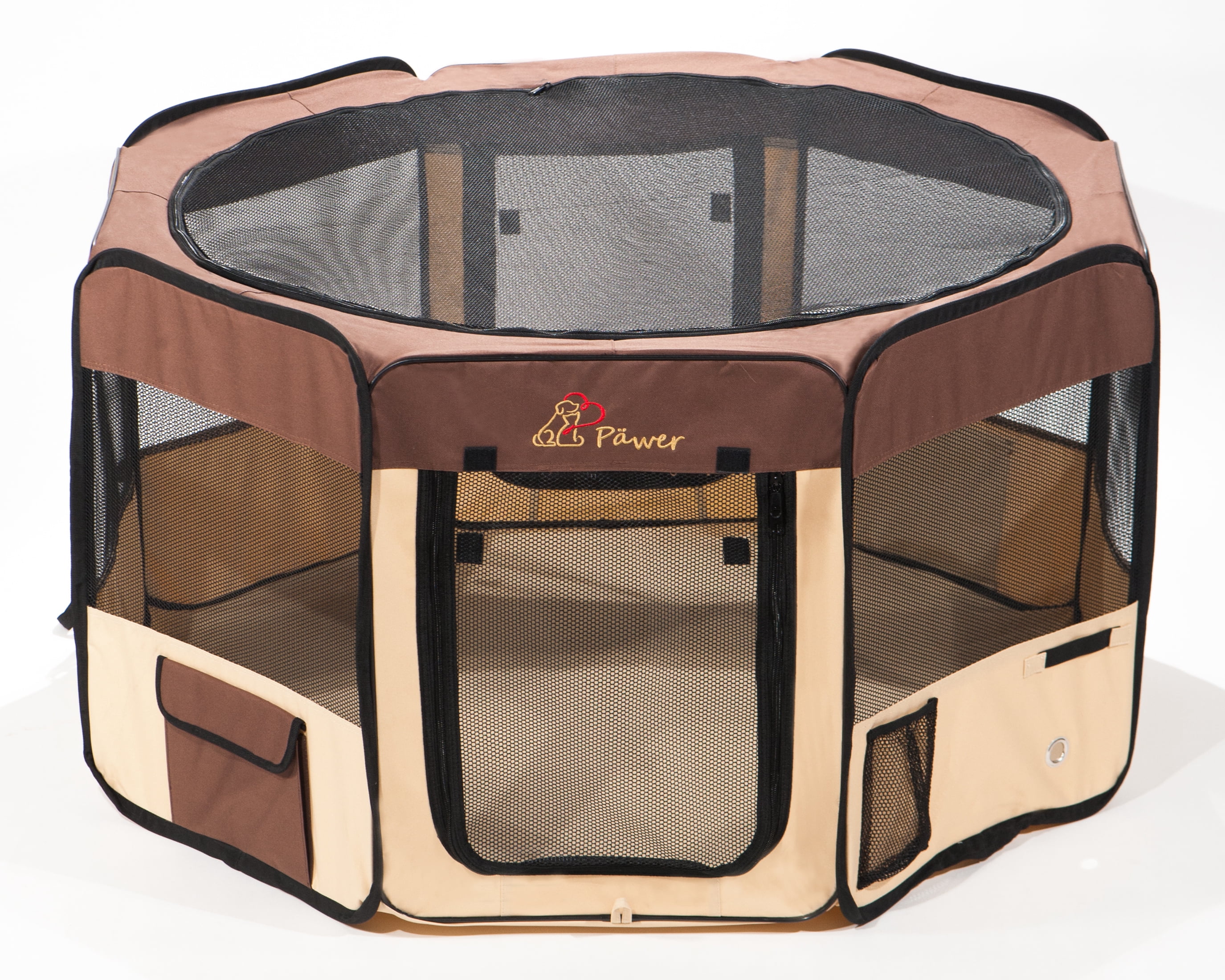 Pawer 45”×24” 8-Panel Foldable Pet Playpen, Brown+Beige, Personalize Embroidery Extra Fabric Piece Available, for Cat/Dog/Puppy, 600D Oxford Cloth Portable Indoor & Outdoor Kennel with Carry Bag