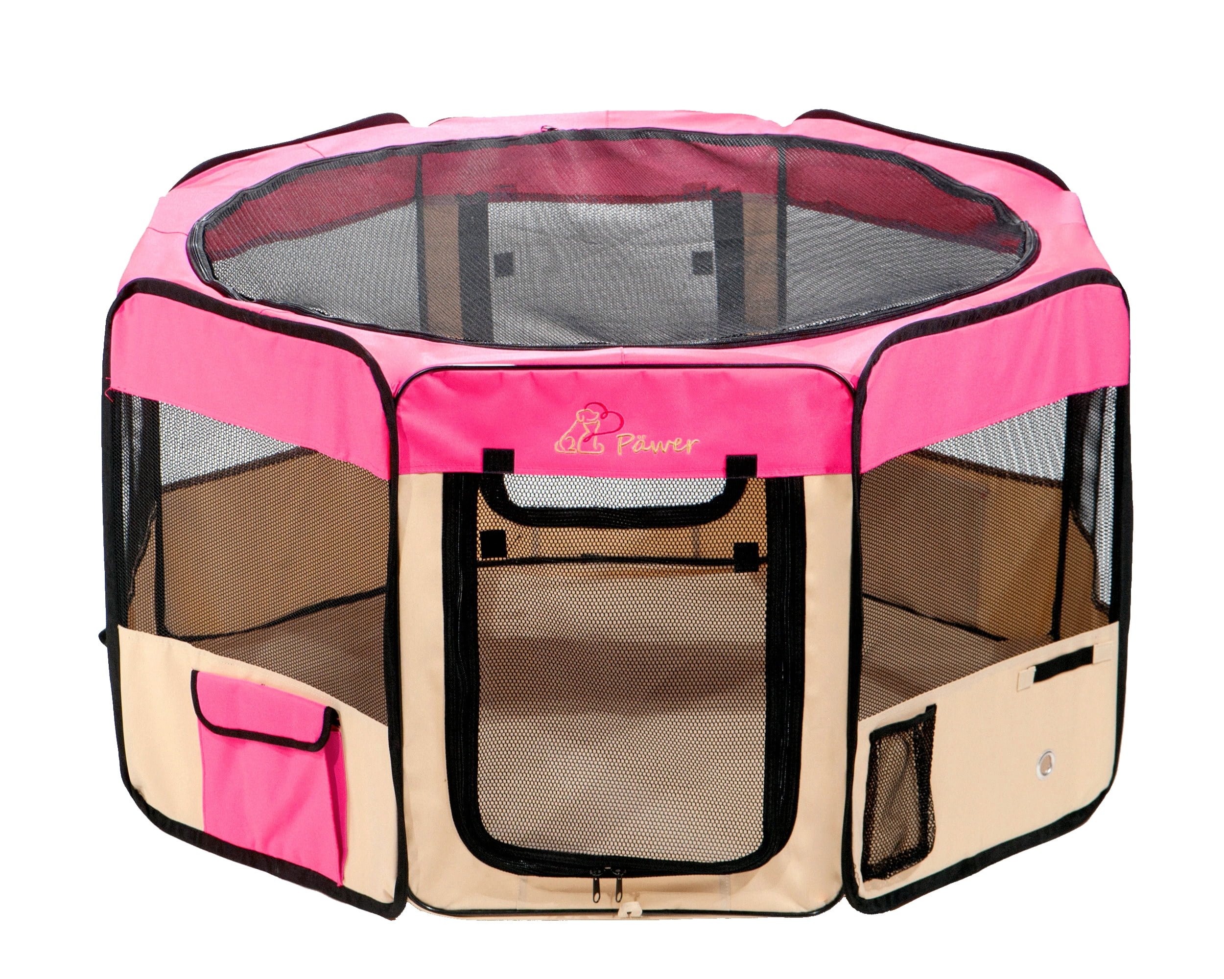Pawer 45”×24” 8-Panel Foldable Pet Playpen, Hot Pink+Beige, Personalize Embroidery Extra Fabric Piece Available, for Cat/Dog/Puppy, 600D Oxford Cloth Portable Indoor & Outdoor Kennel with Carry Bag