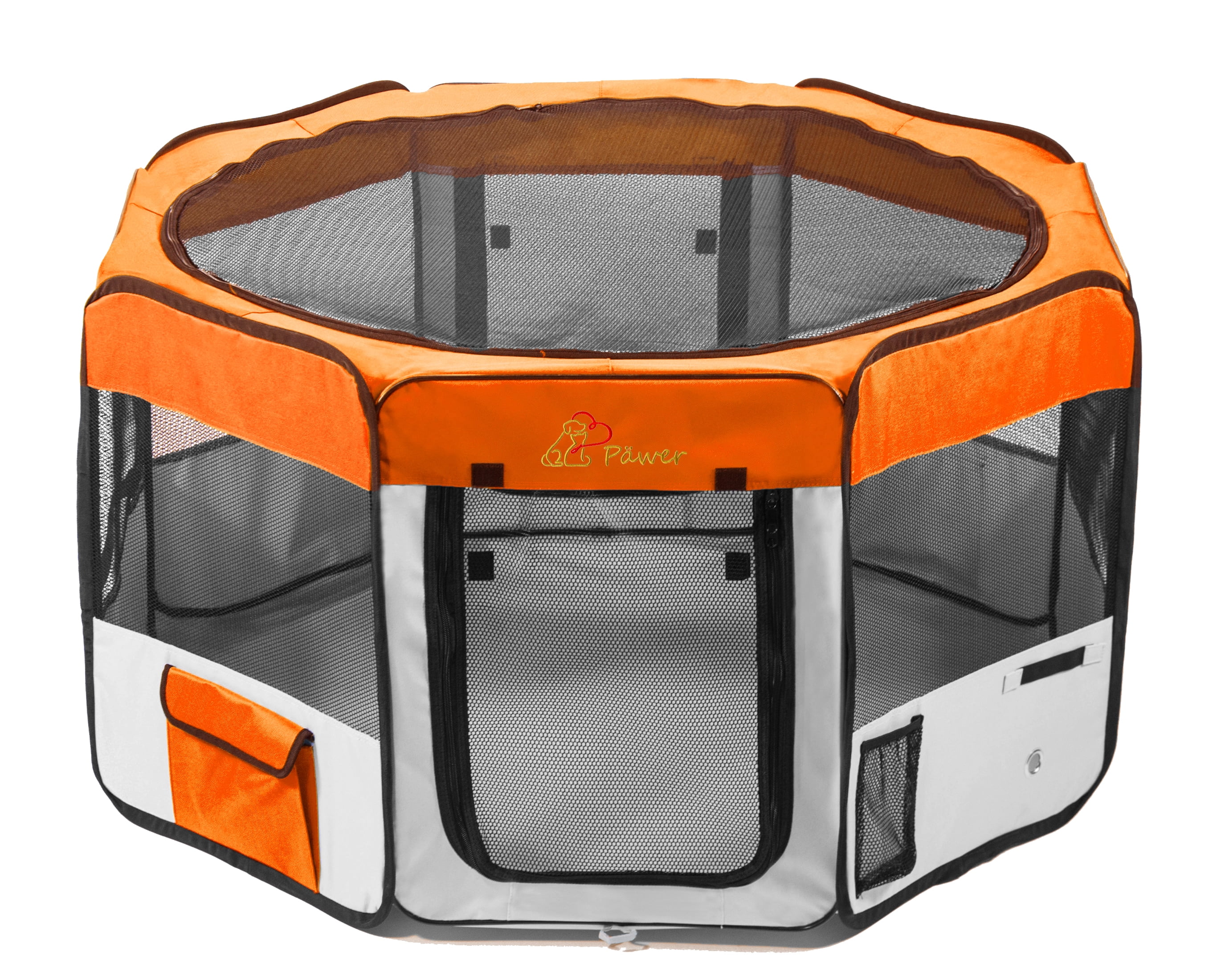 Pawer 45”×24” 8-Panel Foldable Pet Playpen, Orange+Grey, Personalize Embroidery Extra Fabric Piece Available, for Cat/Dog/Puppy, 600D Oxford Cloth Portable Indoor & Outdoor Kennel with Carry Bag