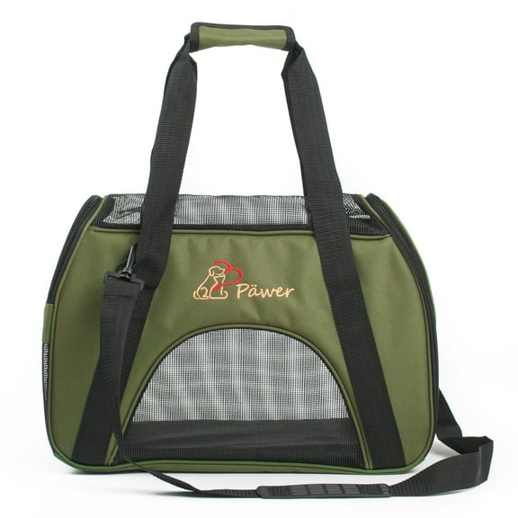 Pawer Soft-Sided Pet Carrier for Cat and Small Dog,Olive Color,Medium Size,Washable 600D Oxford Cloth Airline Approved travel tote,with 2 Mesh Opens and a Strap for Carry,Multiple Colors Available