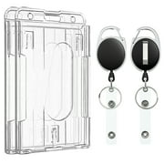Pawfly Vertical 2-Card Badge Holder with Thumb Slots Hard Transparent PC Case Protector with Retractable Badge Reel Carabiner Clip for IDs Credit Cards Driver s Licenses and Passes, 2 Pack