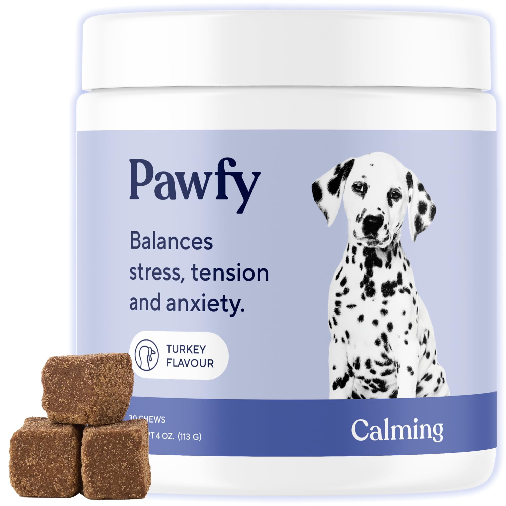 Pawfy Calming Chews for TGF4Dogs | Natural Dog Calming Supports Relaxation and Calm Behavior | Helps with Thunder, Separation, Chewing & Barking | Soothing Aid for Fireworks - 30 Turkey Treats