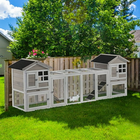 Pawhut 102" 2 in 1 Wooden Rabbit Hutch, Double Main House Pet Playpen, Large Bunny House Enclosure for Indoor, Outdoor with 2 Run Boxes, No Leak Tray, and Ramp, for Guinea Pig and Small Animals, Gray