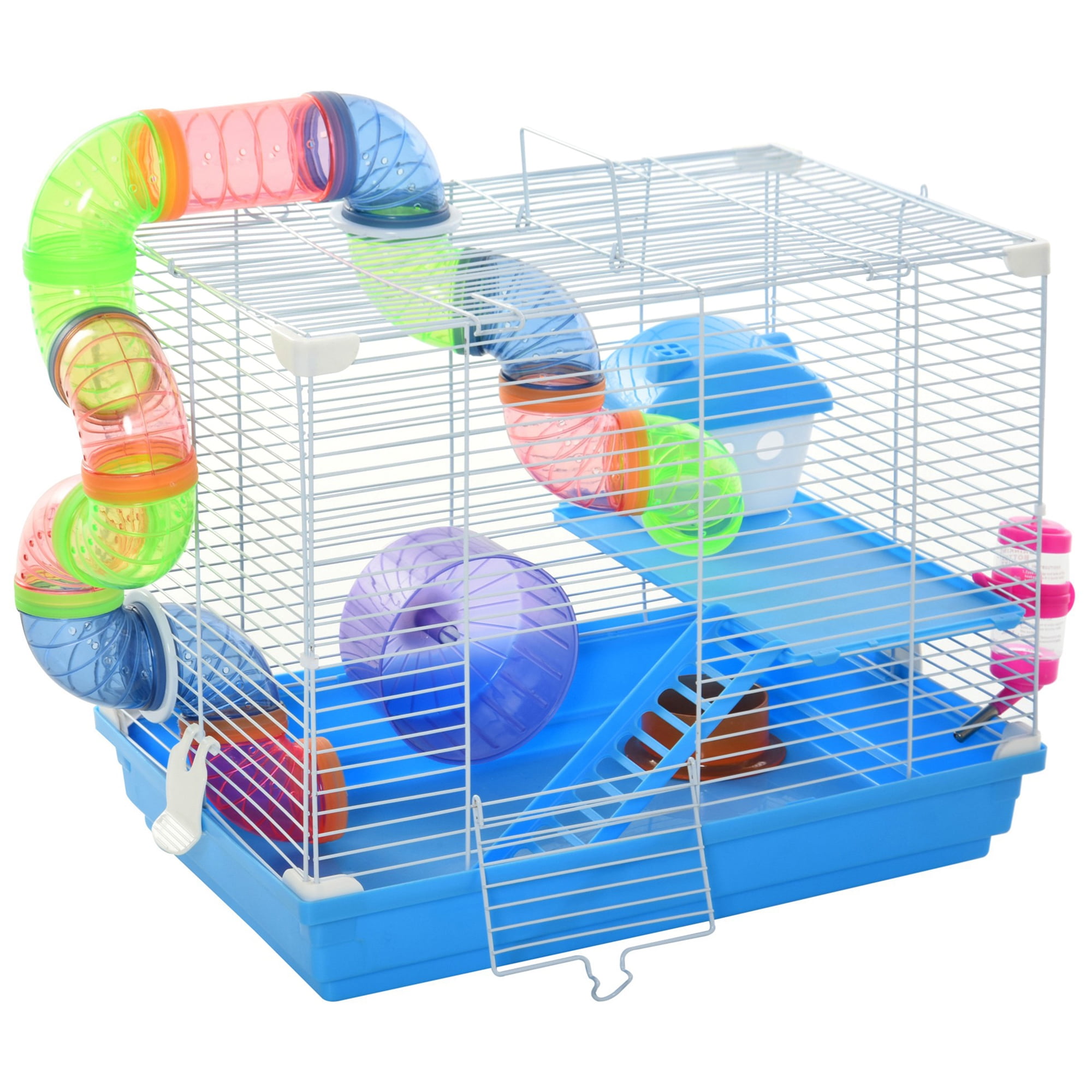 Pawhut 2-Level Hamster Cage Gerbil House Habitat Kit Small Animal Travel Carrier with Exercise Wheel, Play Tubes, Water Bottle, Food Dishes, & Interior Ladder - image 1 of 10