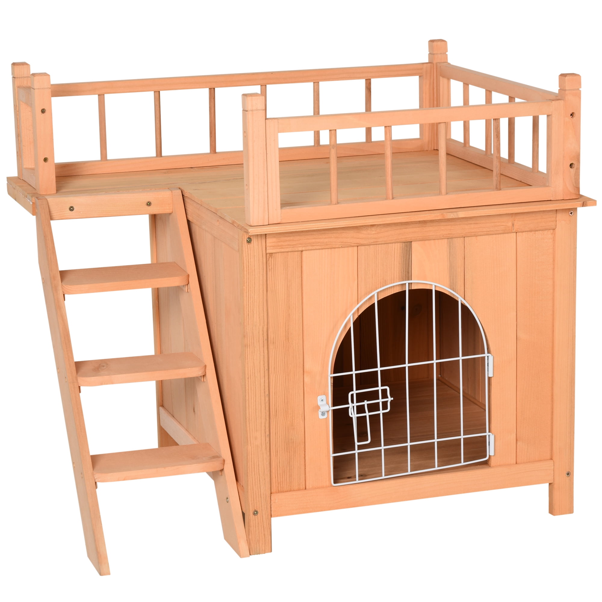 Natural Wood 2-Level Outdoor Cat House with Balcony