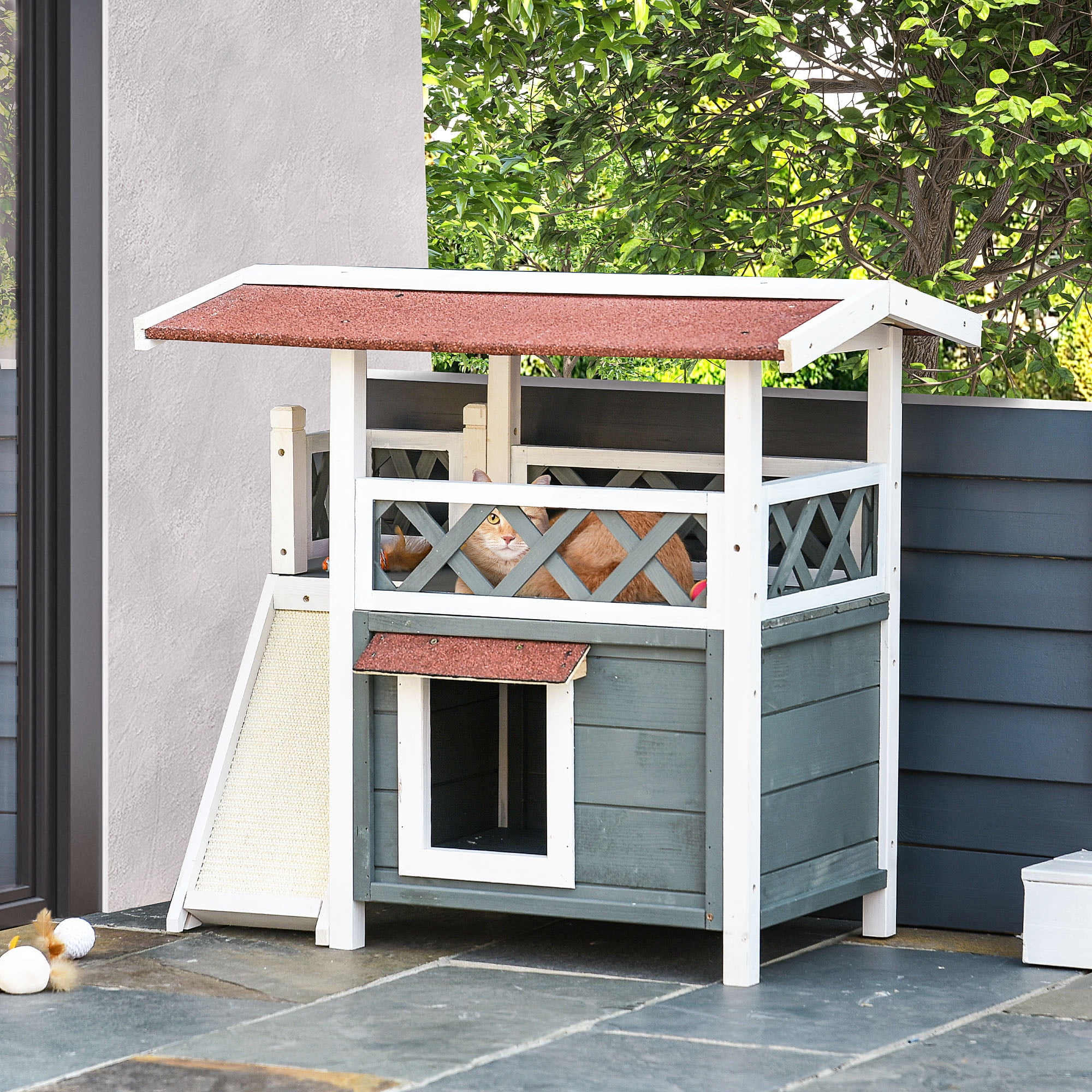 Gray and White 2-Story Outdoor Cat House with Sisal Ramp
