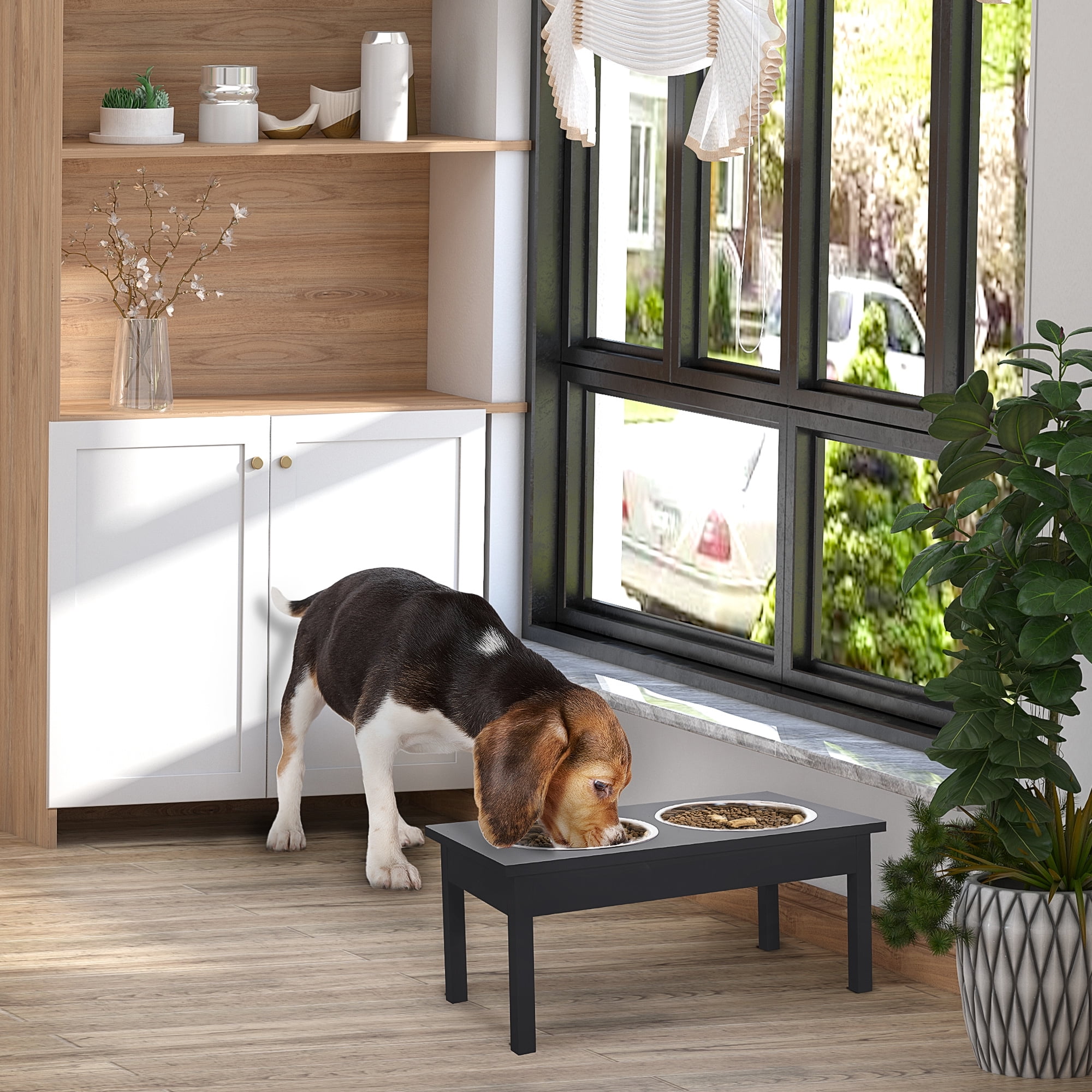 Pawhut 23” Wooden Heavy Duty Dog Food Bowls, Elevated Feeding Station -Black