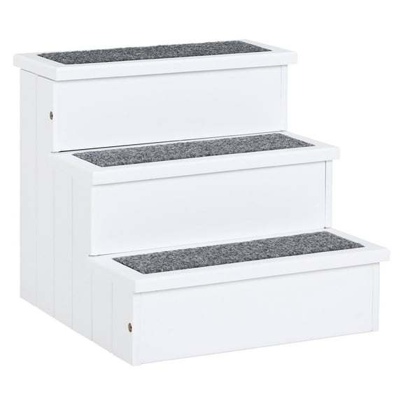 Pawhut 3 Step Wooden Carpeted Non Slip Pet Stairs Ramp for Cats and Small Dogs- White,White Wood Pet Supplies Pet Beds Furniture