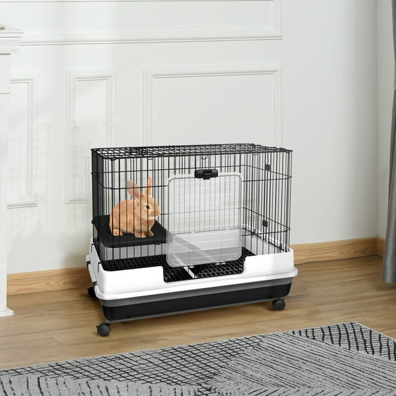 Pawhut 32”L 2-Level Indoor Small Animal Rabbit Cage with Wheels, Black