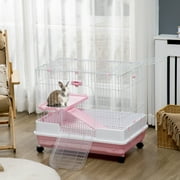 Pawhut 32”L Small Animal Rabbit Cage with Wheels, Pink, 2-Level, Indoor