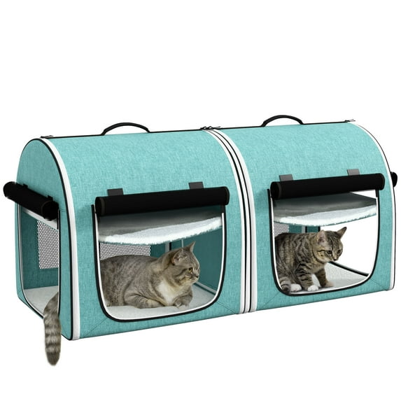 Pawhut 39" Portable Soft-Sided Cat Carrier,Travel Pet Carrier with Divider,Two Compartments,Soft Cushions,& Storage Bag,Green,Green Oxford Fabric Pet Supplies Pet Beds Furniture