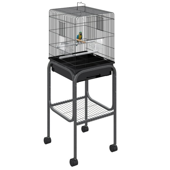 Dog Pens Pawhut 45-inch Metal Indoor Bird Cage, Parrot Cage, Bird Aviary with Detachable Rolling Stand, Storage Basket, and Accessories - Black,Cat Pens