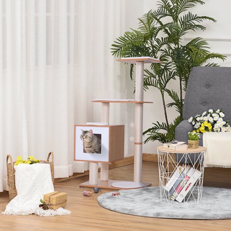 Pawhut 47” Modern Cat Tree Multi-Level Scratching Post With Cube Cave Enclosure - Oak Wood and White