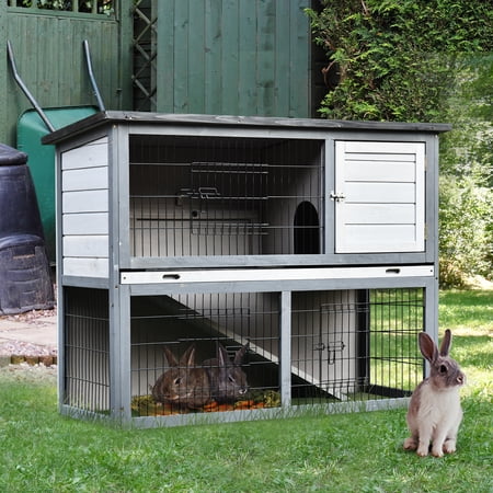 Pawhut 48" L Wooden Rabbit Hutch Pet Playpen 4 Door House Enclosure with Ramp, for Rabbits and Small Animals, Gray