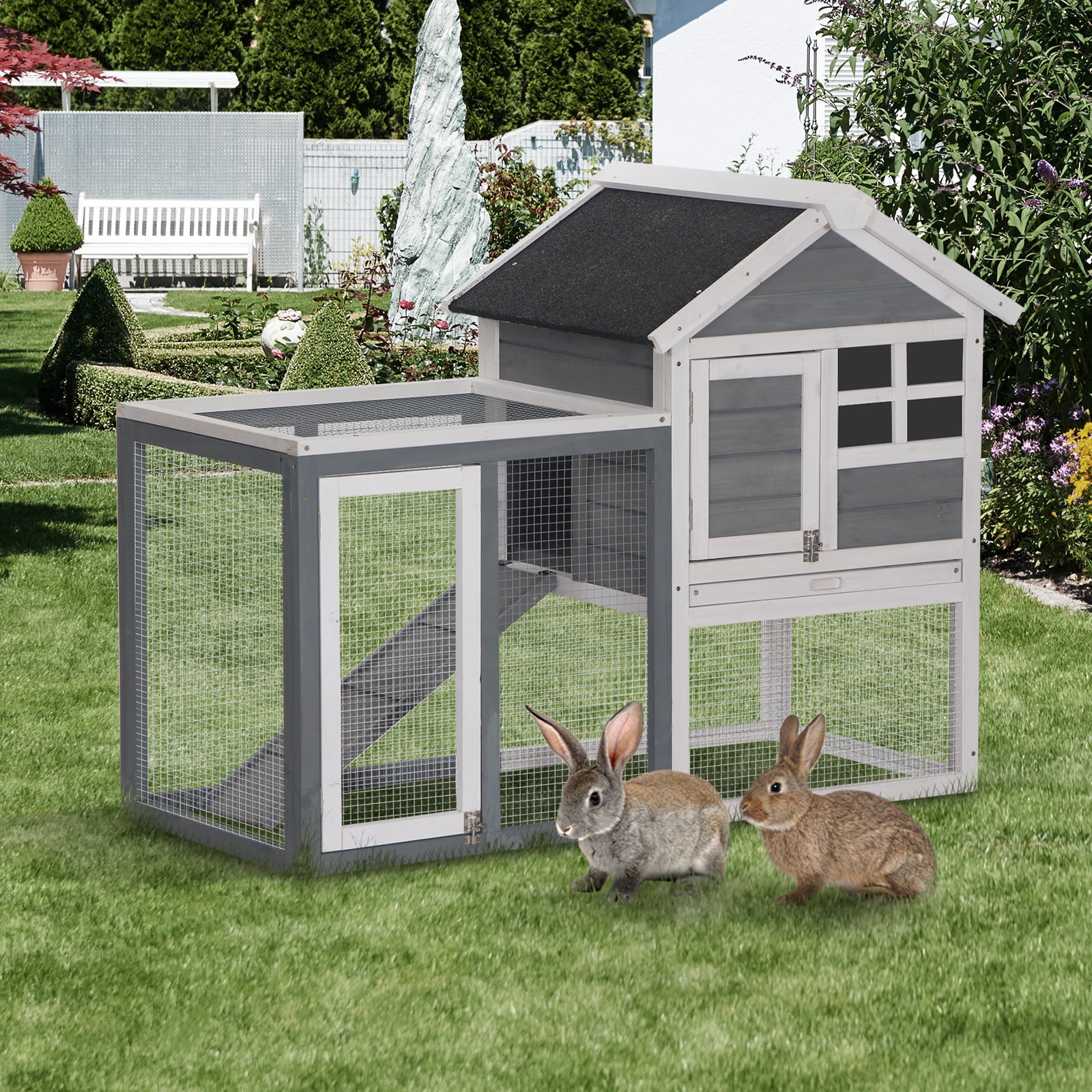 Grey Wooden Outdoor Rabbit Hutch with Enclosed Run