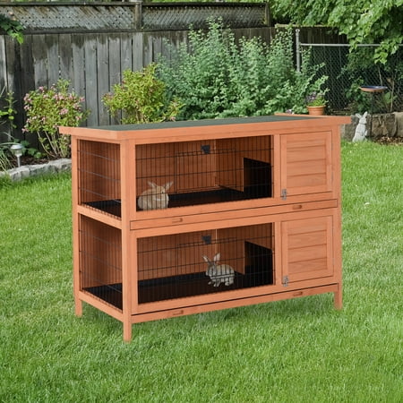 Pawhut 54" 2-Floor Large Rabbit Hutch Wooden Pet House Bunny Cage Small Animal Habitat with Lockable Doors Run Asphalt Roof for Outdoor Use Gray