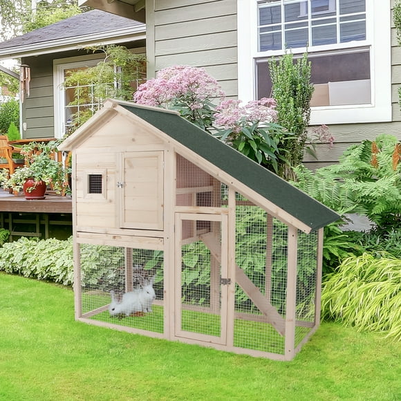 Pawhut 55" L 2-tier Wood Rabbit Hutch Backyard Cage Small Animal House with Ramp and Outdoor Run