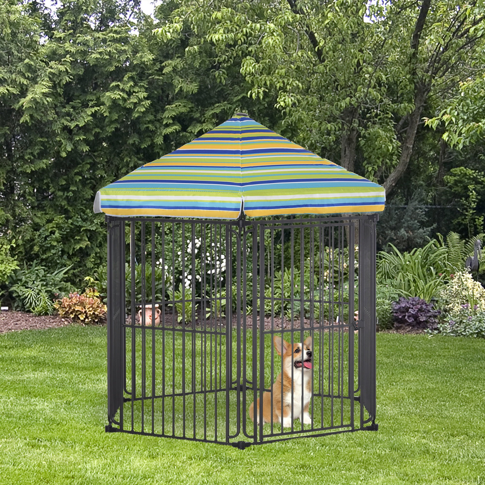 PawHut Heavy-Duty Metal Outdoor Pet Kennel with Striped Roof