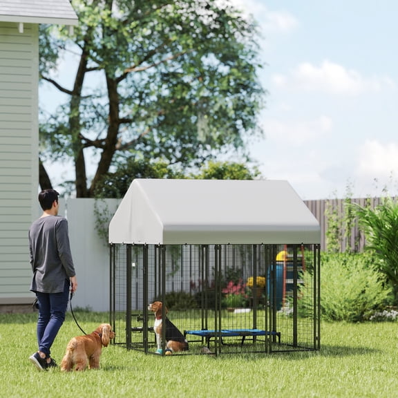 Pawhut 6' x 6' x 6' Large Dog Kennel Outdoor Steel Fence with UV-Resistant Oxford Cloth Roof & Secure Lock