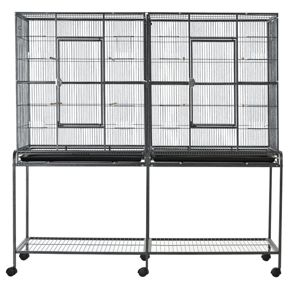 Pawhut 65" Double Rolling Metal Bird Cage Feeder with Detachable Rolling Stand, Storage Shelf, Perch & Food Container