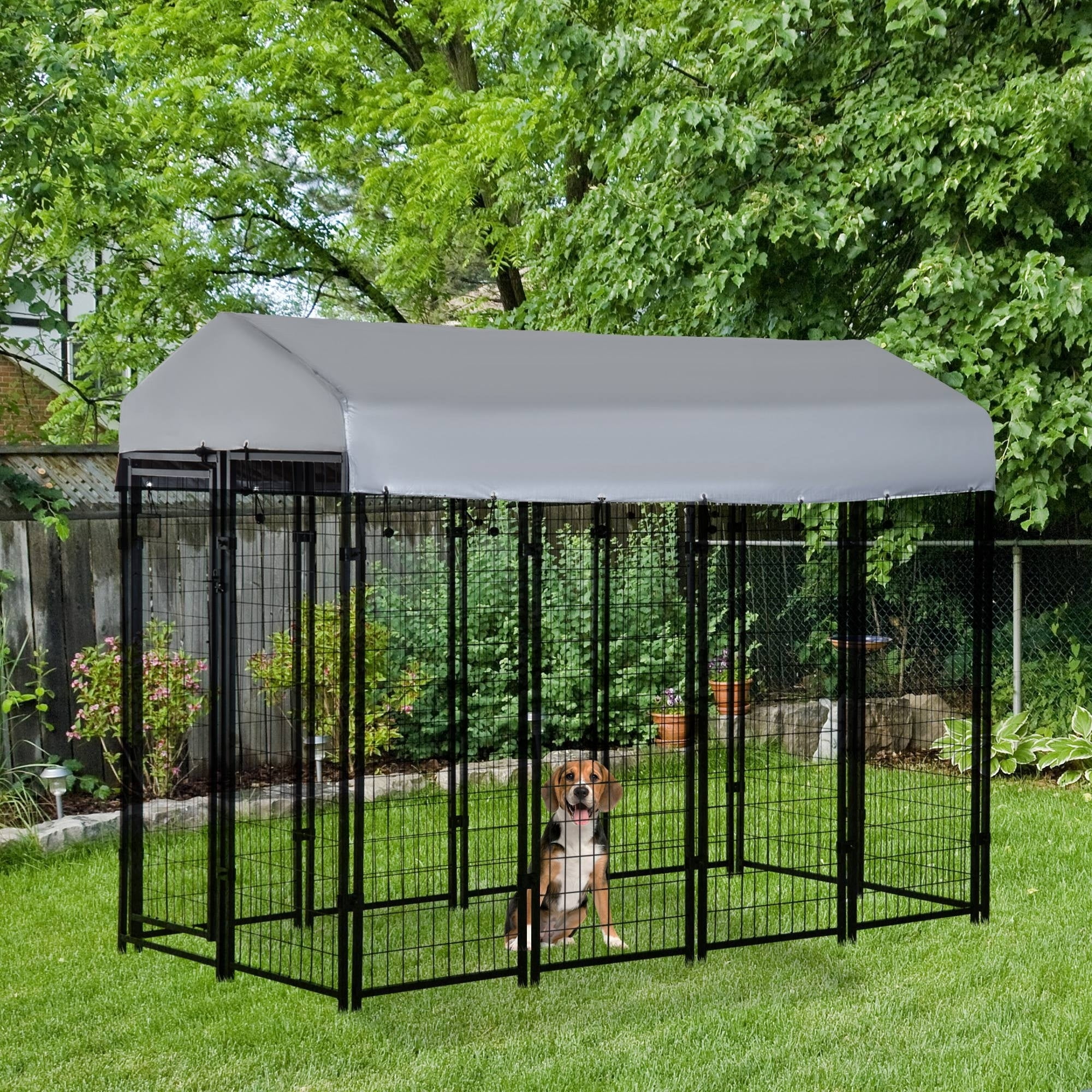 Large Black Steel Outdoor Dog Kennel with Gray Roof