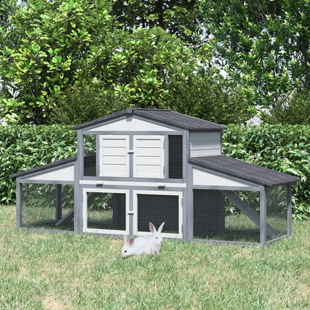 Pawhut 91" Deluxe Large Wooden Rabbit Hutch Chicken Coop with Outdoor Run, Grey