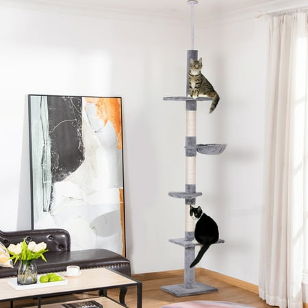 Pawhut Adjustable Height Floor To Ceiling Vertical Cat Tree, Gray and White, 9'