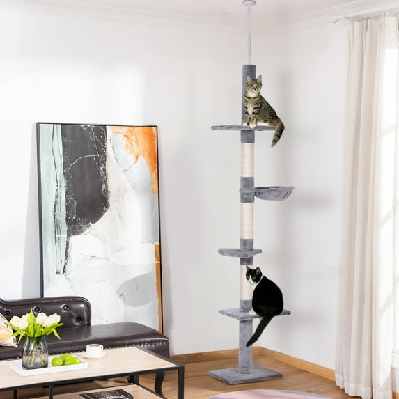 Pawhut Adjustable Height Floor To Ceiling Vertical Cat Tree, Gray and White, 9'