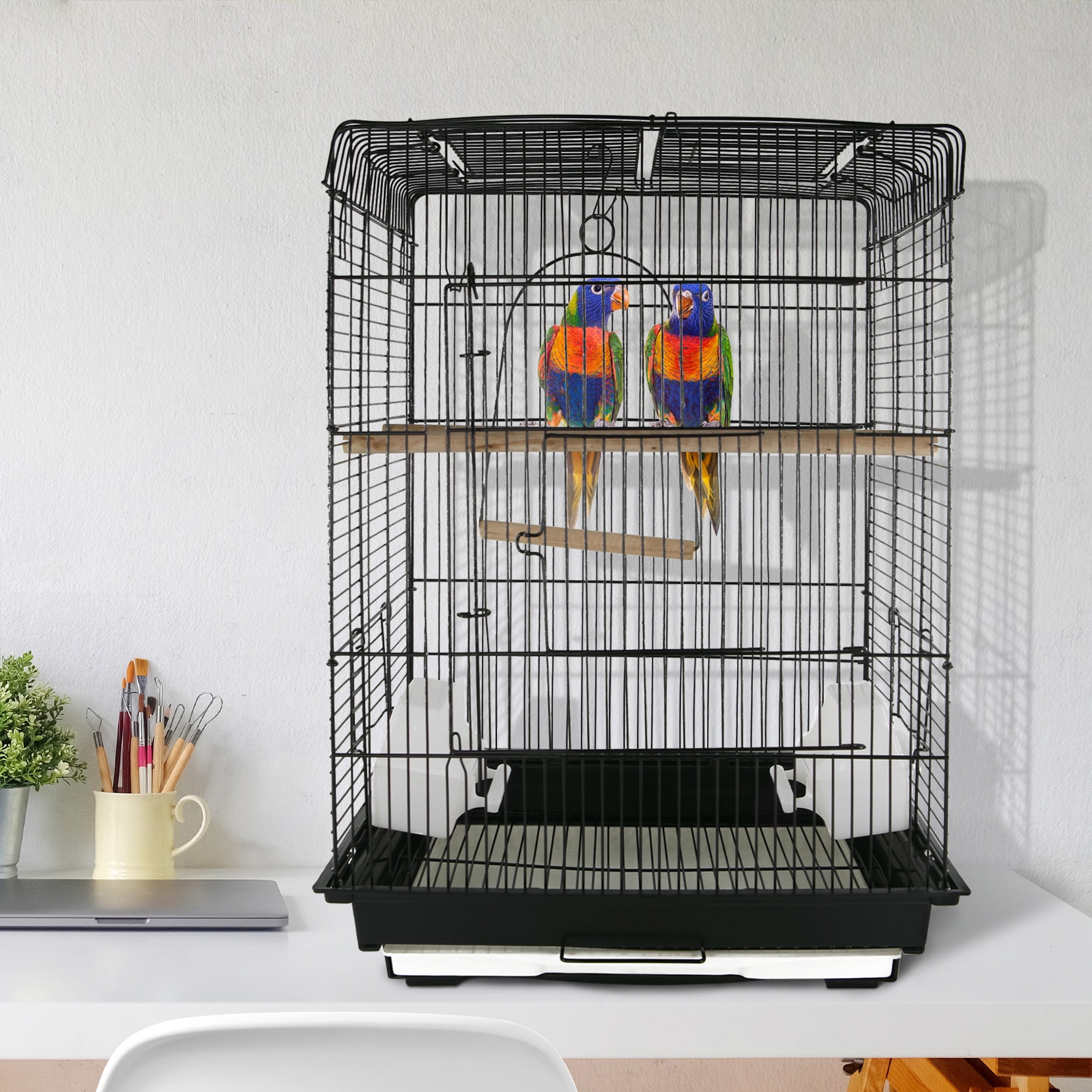 Black Steel Bird Cage with Perch and Feed Bowls