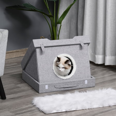 Pawhut Cat House with Foldable 2 In 1 Design Condo Pet Bed and Scratching Pad, Grey