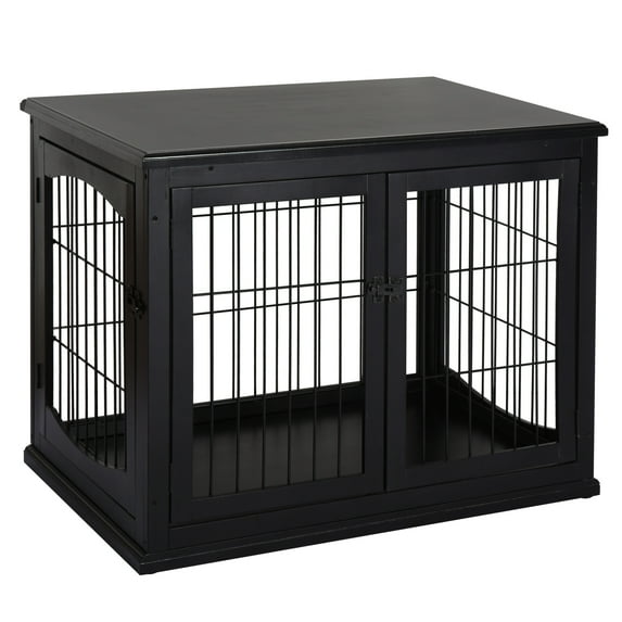 Pawhut Dog Crate Furniture, Small Dog Cage End Table With Two Opening Sides, Lockable Door, Puppy Kennel Indoor, Cute And Decorative, Black