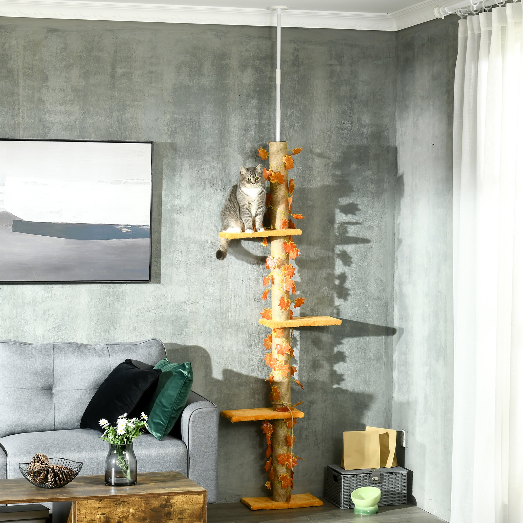 Adjustable Height Sisal Cat Tree with Platforms and Leaves