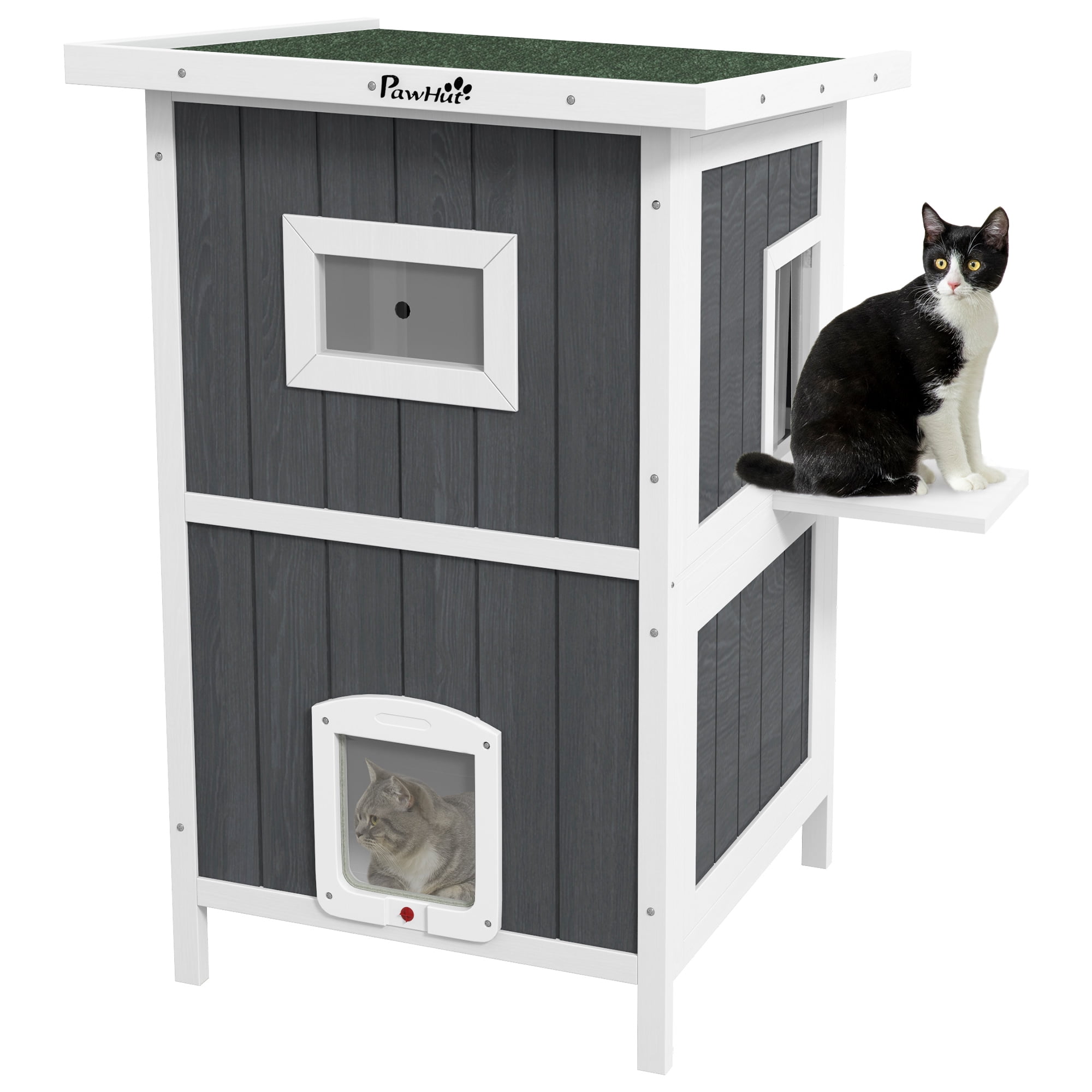 Gray Two-Tier Wooden Outdoor Cat House with Weatherproof Roof