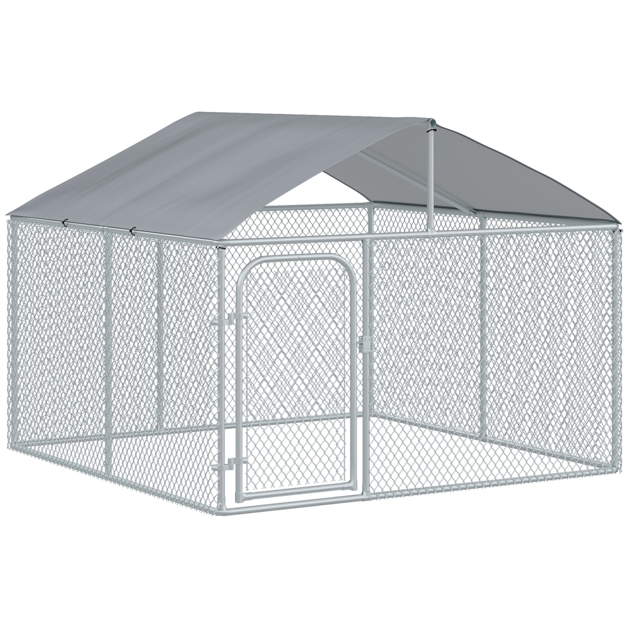 Pawhut Outdoor Chain Link Box Kennel Dog House with Cover, Silver